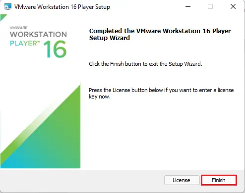 VMware Player 16 Installation Completed