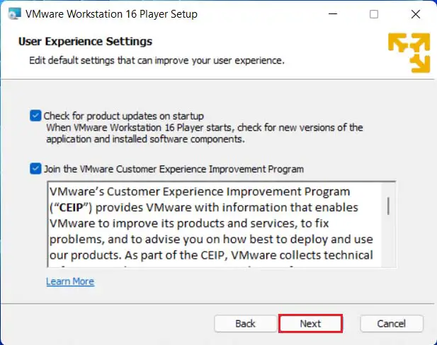 VMware Player User Experience Settings