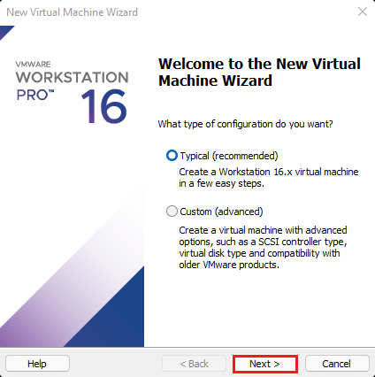 VMware Workstation wizard typical