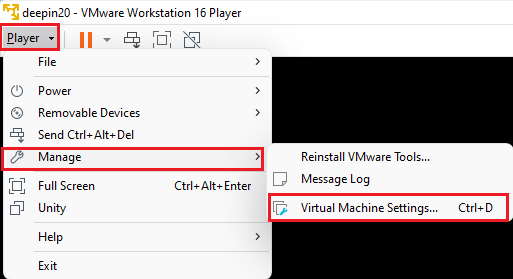 VMware player menu