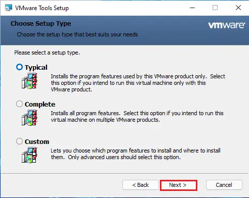 VMware tools choose setup type