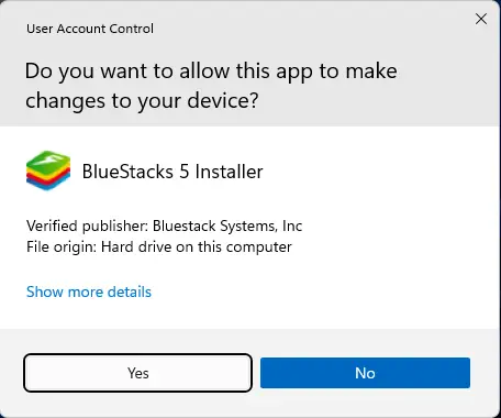 Verified publisher BlueStacks 5 installer