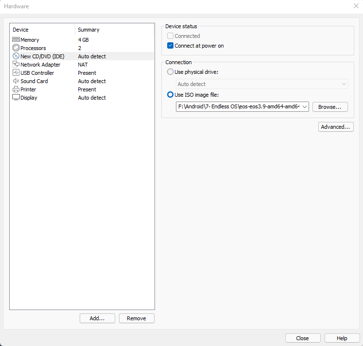 Virtual machine settings device status