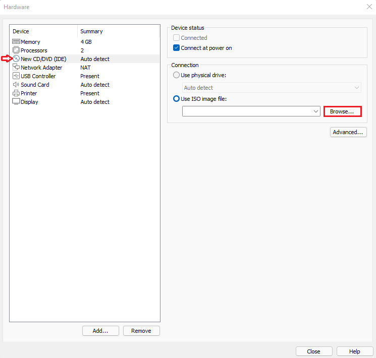 Virtual machine settings device status