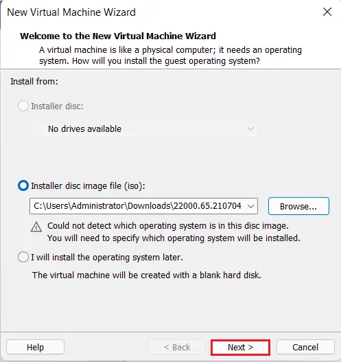 Virtual machine wizard install from