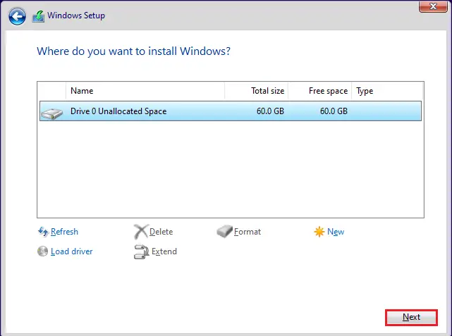 Windows 11 setup unallocated space