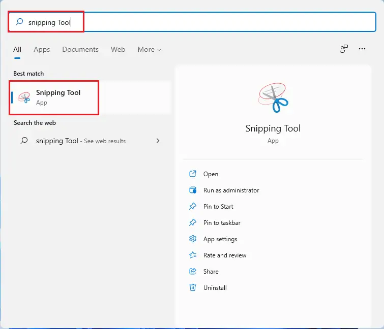 Windows search snipping tool