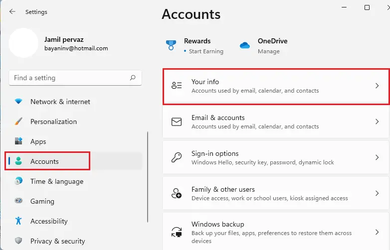 Windows settings user info