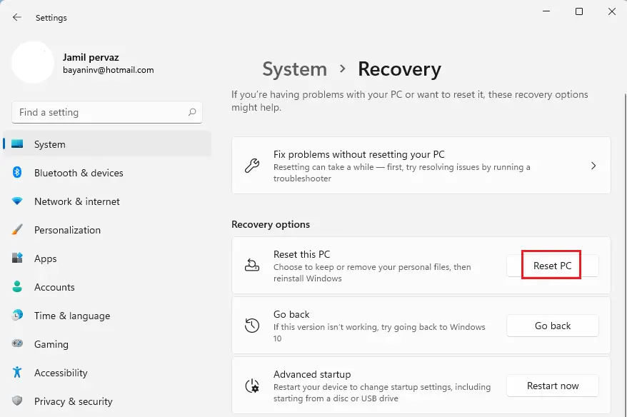 Windows system recovery reset pc