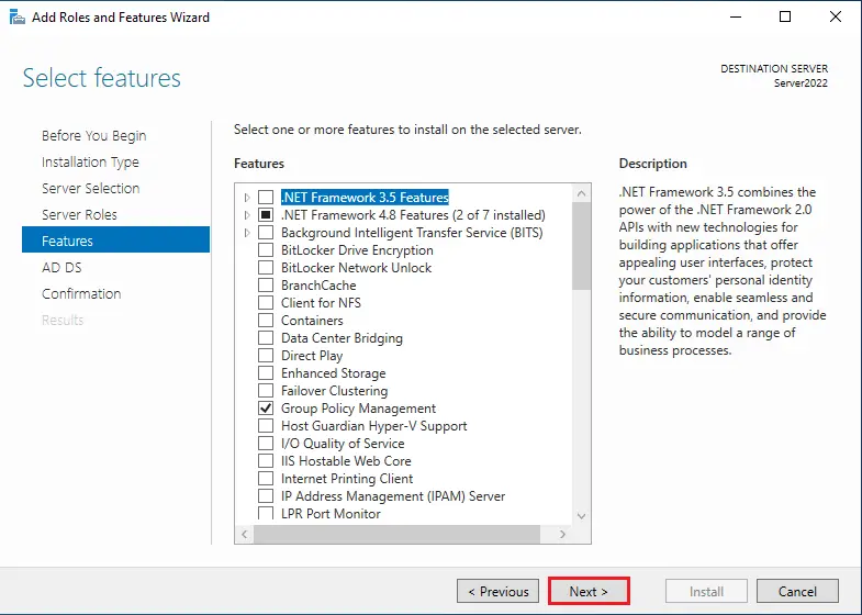 Active Directory select features