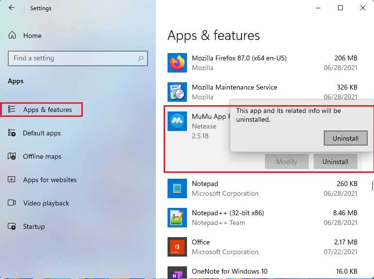 App and features windows