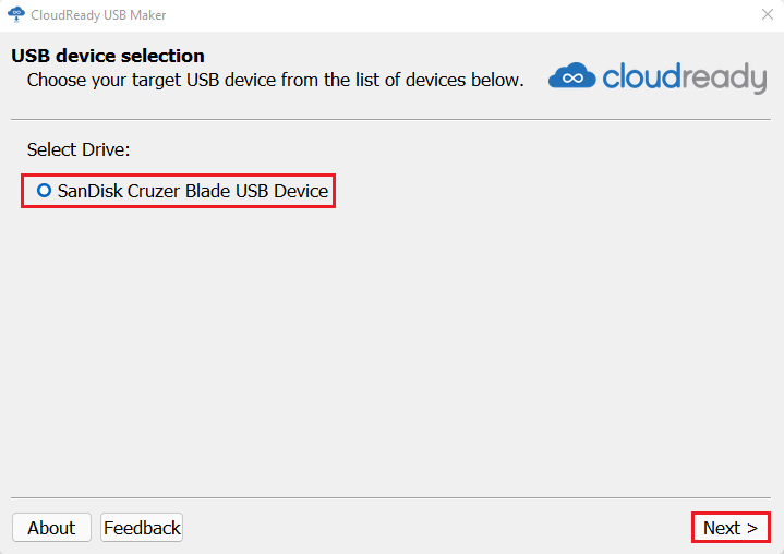CloudReady USB device selection