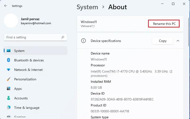 Device specifications windows 11