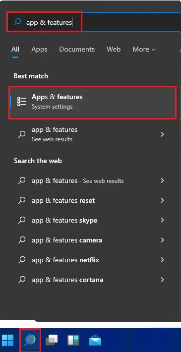 Search app & features windows