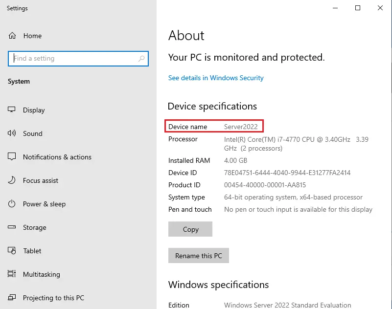 Windows server device specification