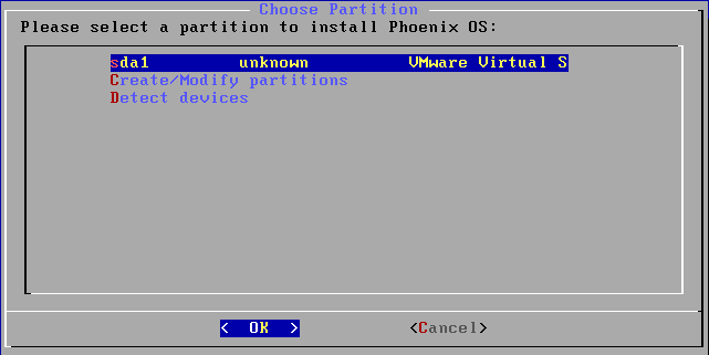 Choose Partition Phoenix OS