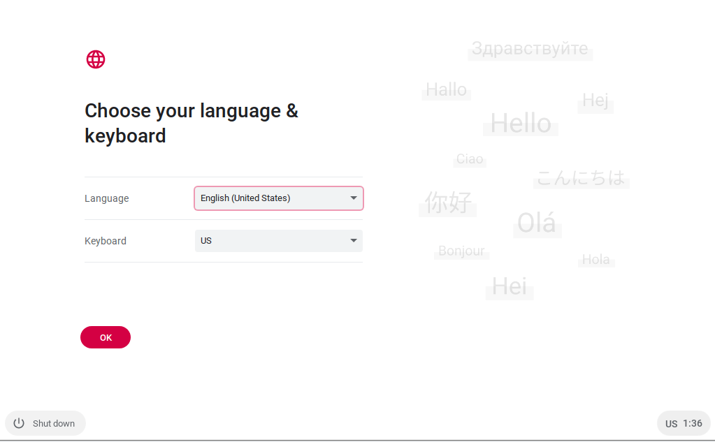 Choose your language and keyboard fydeos