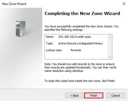 Completing the new zone wizard