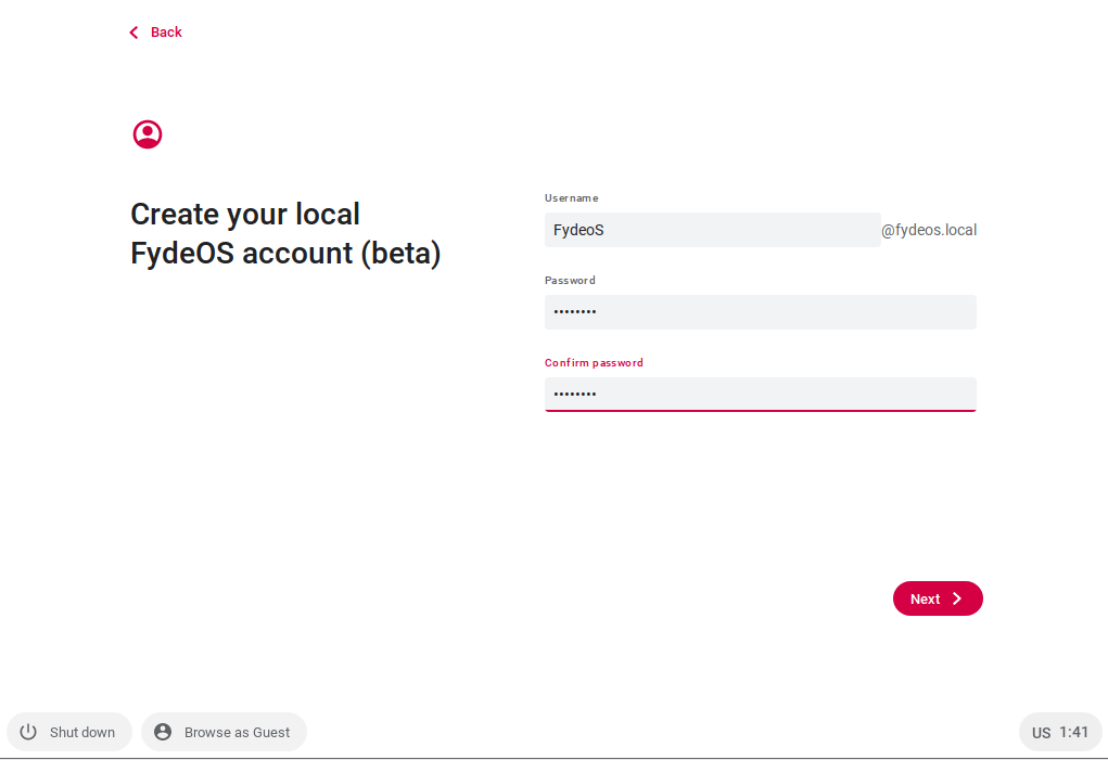 Create your local fydeos account