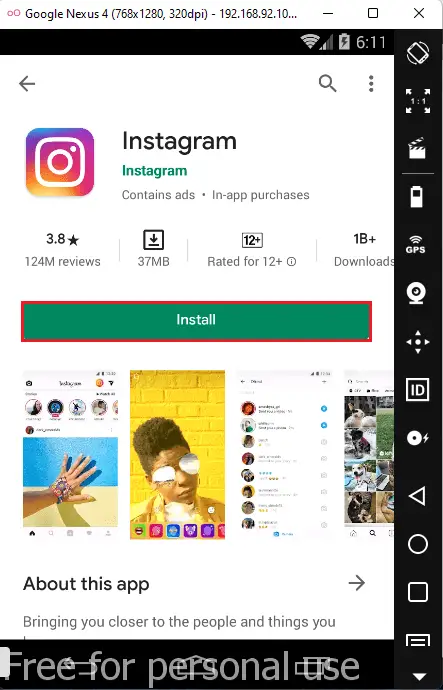 Genymotion Google play store Instagram