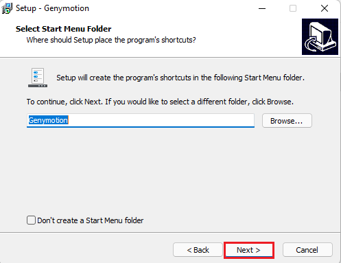 Genymotion select start menu folder