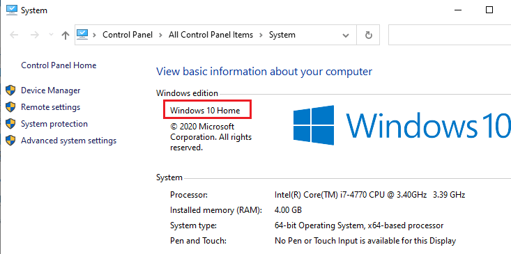Windows 10 system properties