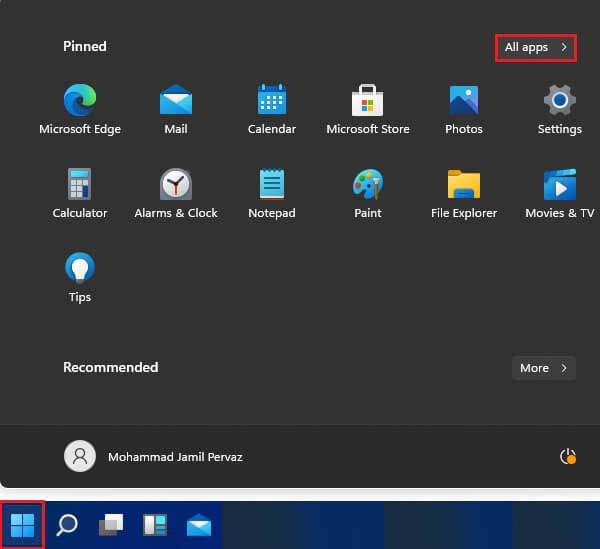Click on Windows 11 start button