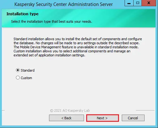 Kaspersky Security Center installation type