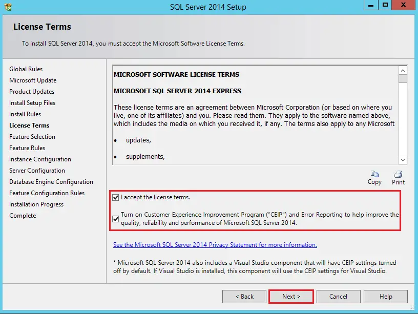 SQL Server setup License agreement