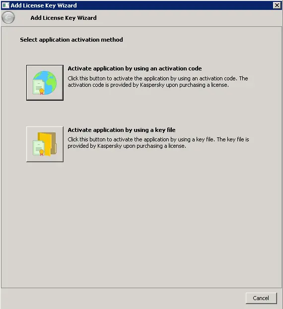 Add Kaspersky license key wizard