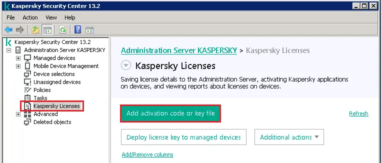 Add Kaspersky security center license key