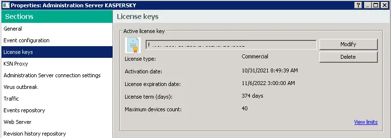 Modify Kaspersky license keys