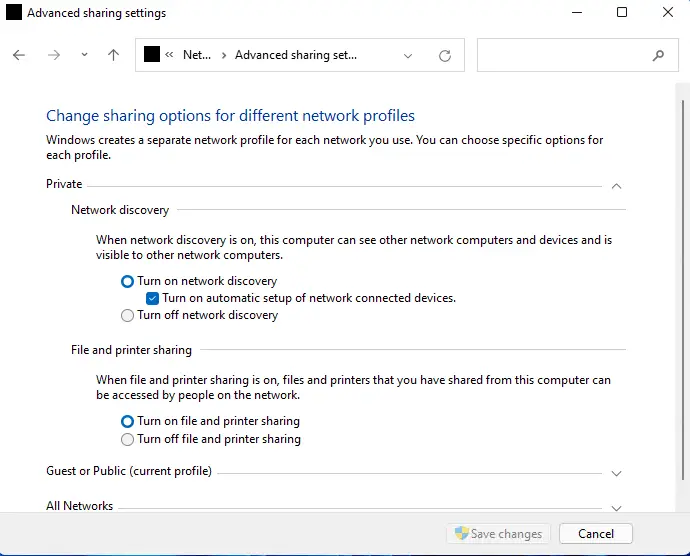 Advanced sharing settings network discovery