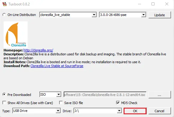 Create Clonezilla bootable USB drive