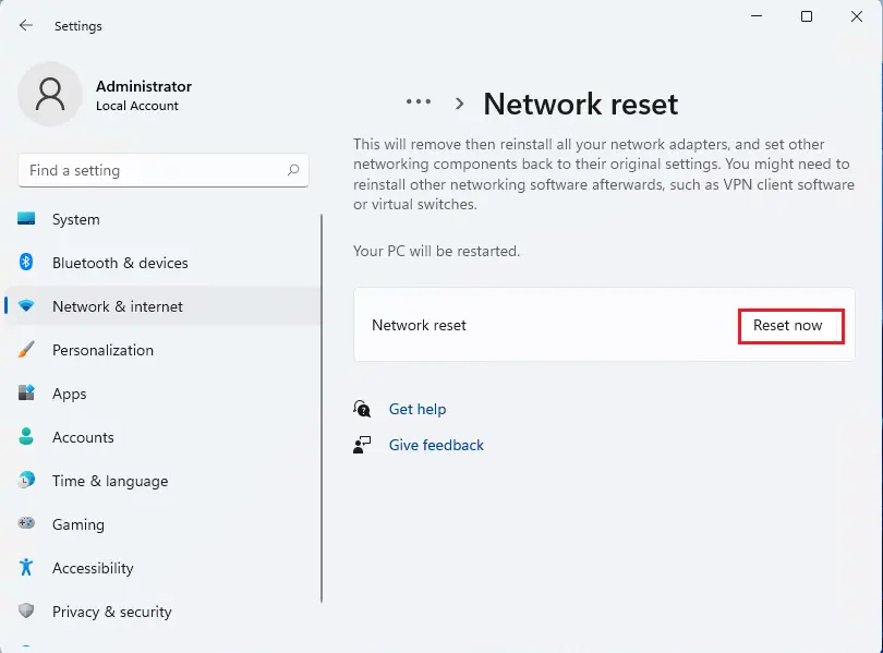 Network reset in windows 11