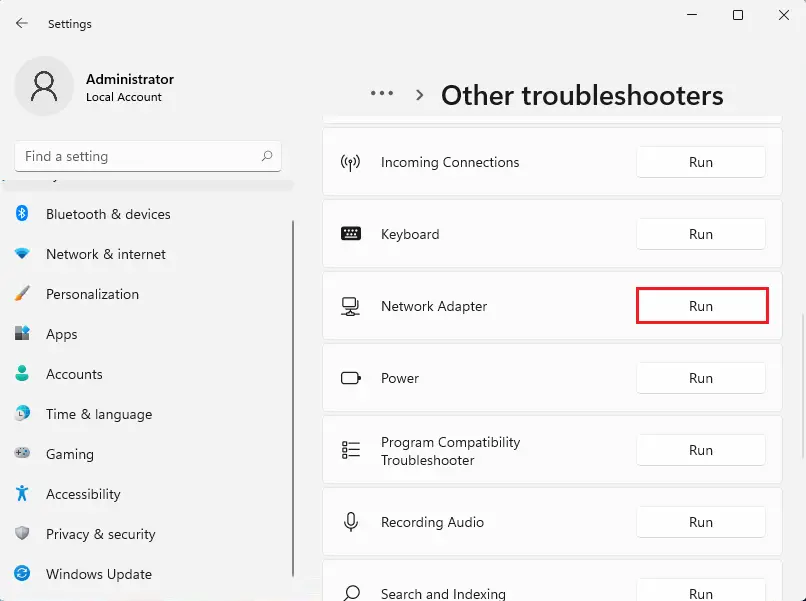 Other troubleshooters in Windows 11