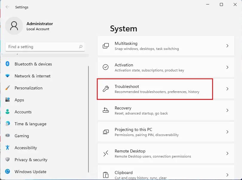 Settings system in windows 11