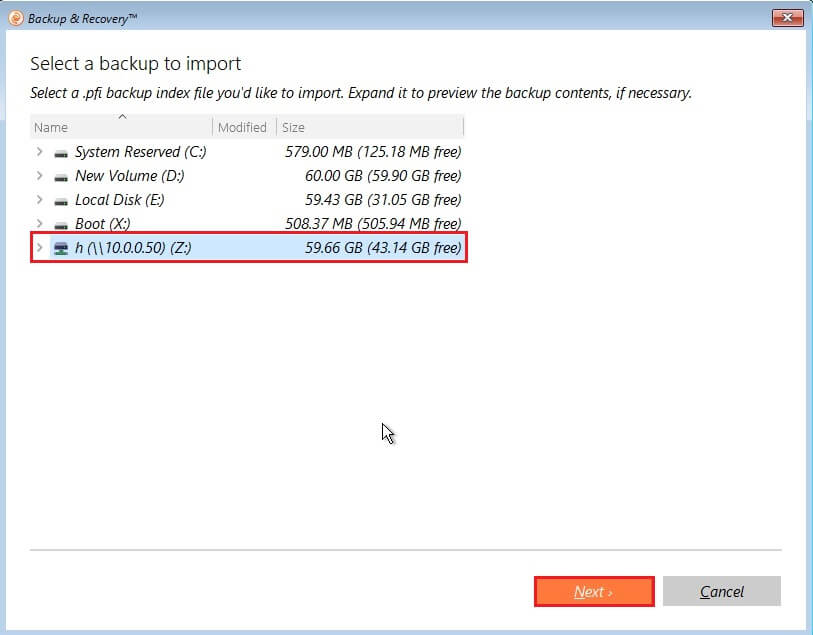 paragon select a backup to import