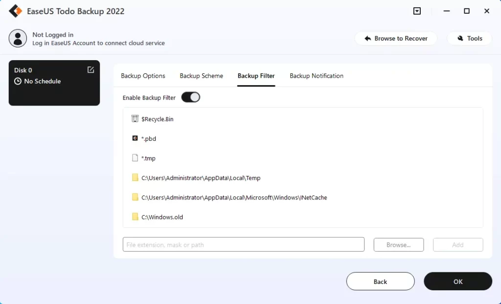 EaseUS backup filter