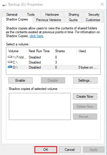 Disk properties shadow copies