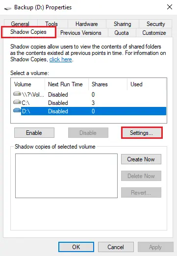 Disk properties shadow copies