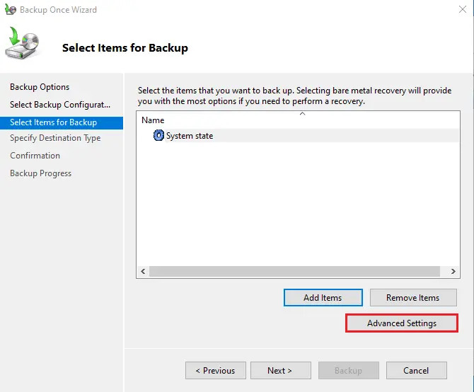 Select items for active directory backup