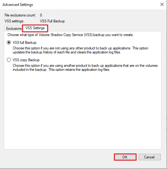 Server backup advanced settings