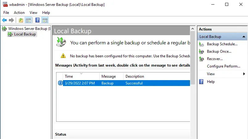 Windows server backup console