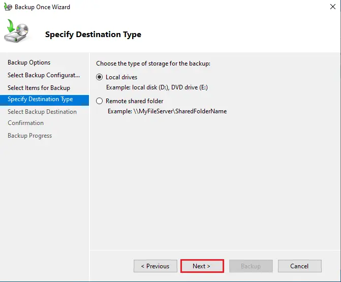 Windows server backup destination