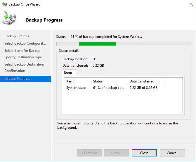 Windows server backup progress