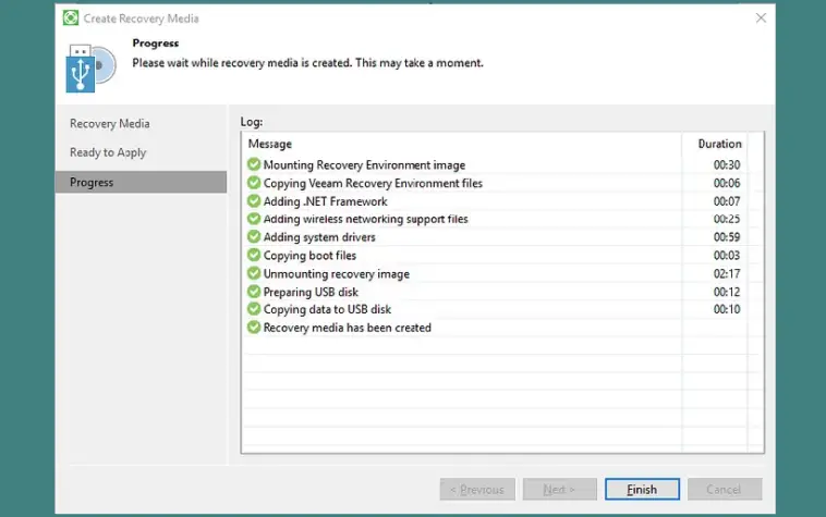 create recovery media veeam agent progress