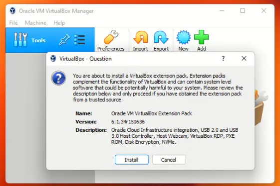 oracle VM virtualbox extension pack