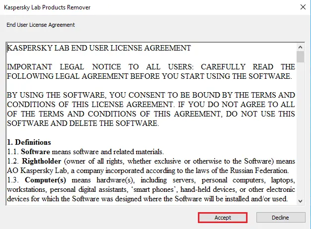 Accept license Kaspersky lab products remover