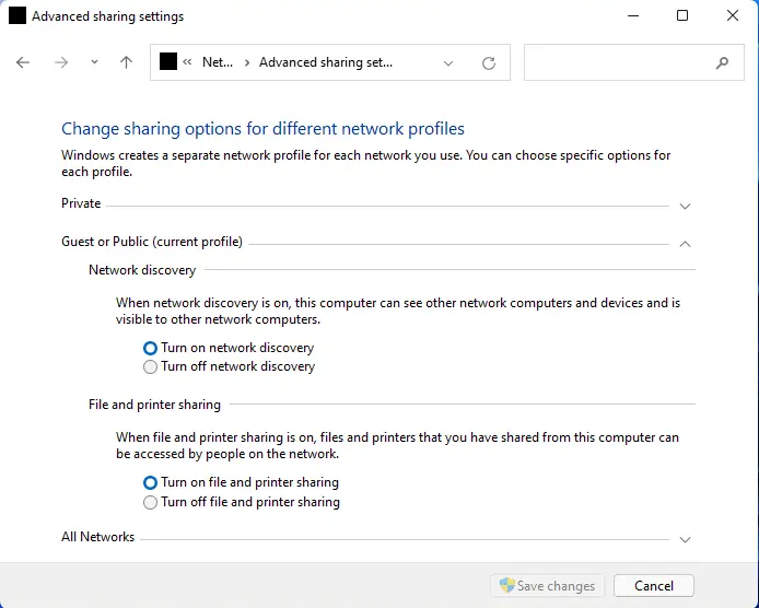 Advanced sharing settings network discovery